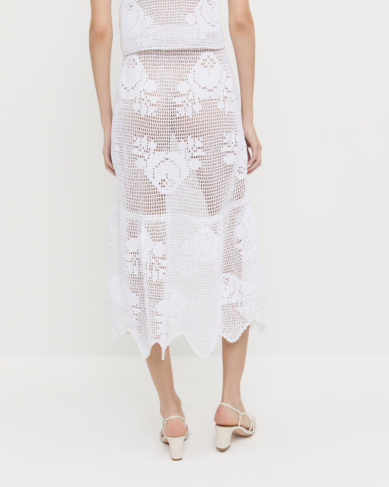 Sullivan Crochet Skirt in cream crocheted cotton, Aurelie Crochet Top in cream crocheted cotton, and Priscilla Cream Heeled Sandal.