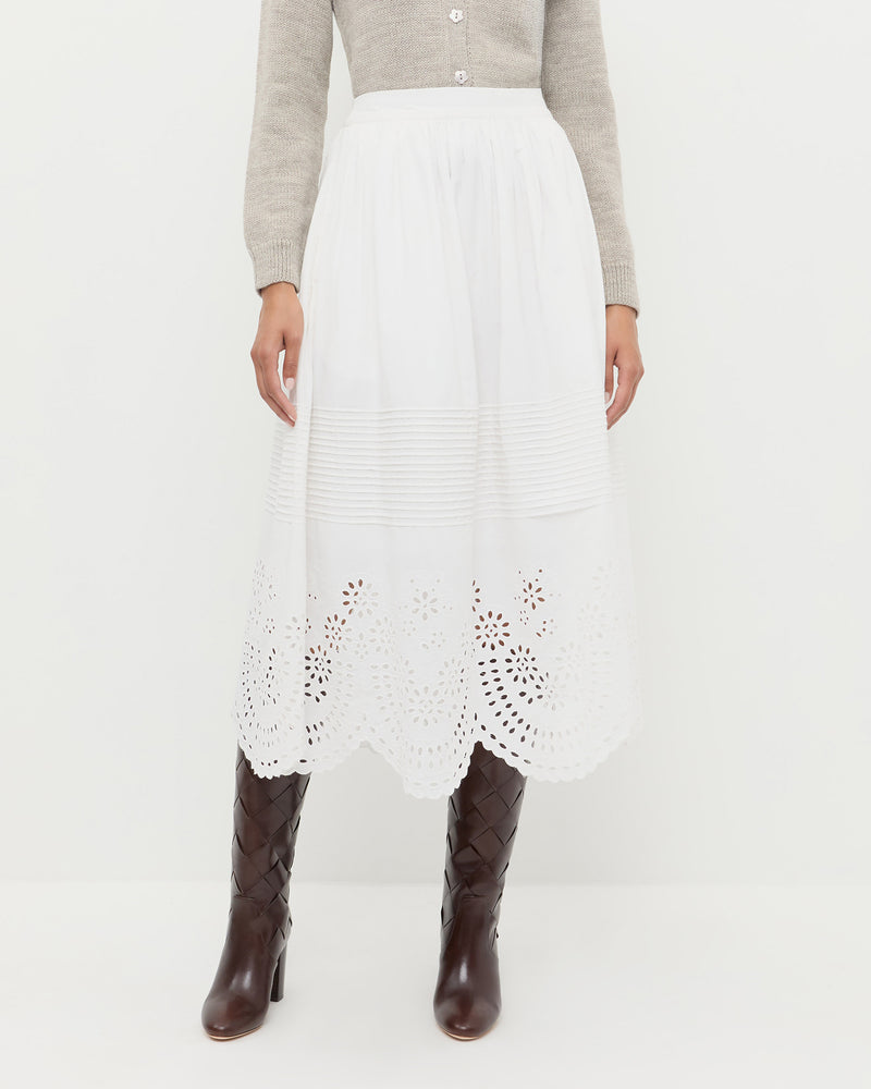 Tinsley Broderie Skirt in cream cotton, Wynn Cardigan in grey wool, and Goldy Espresso Woven Leather Tall Boot.
