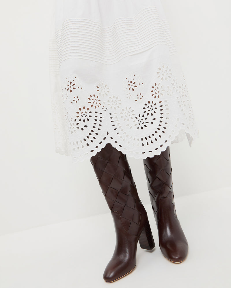 Tinsley Broderie Skirt in cream cotton, and Goldy Espresso Woven Leather Tall Boot.