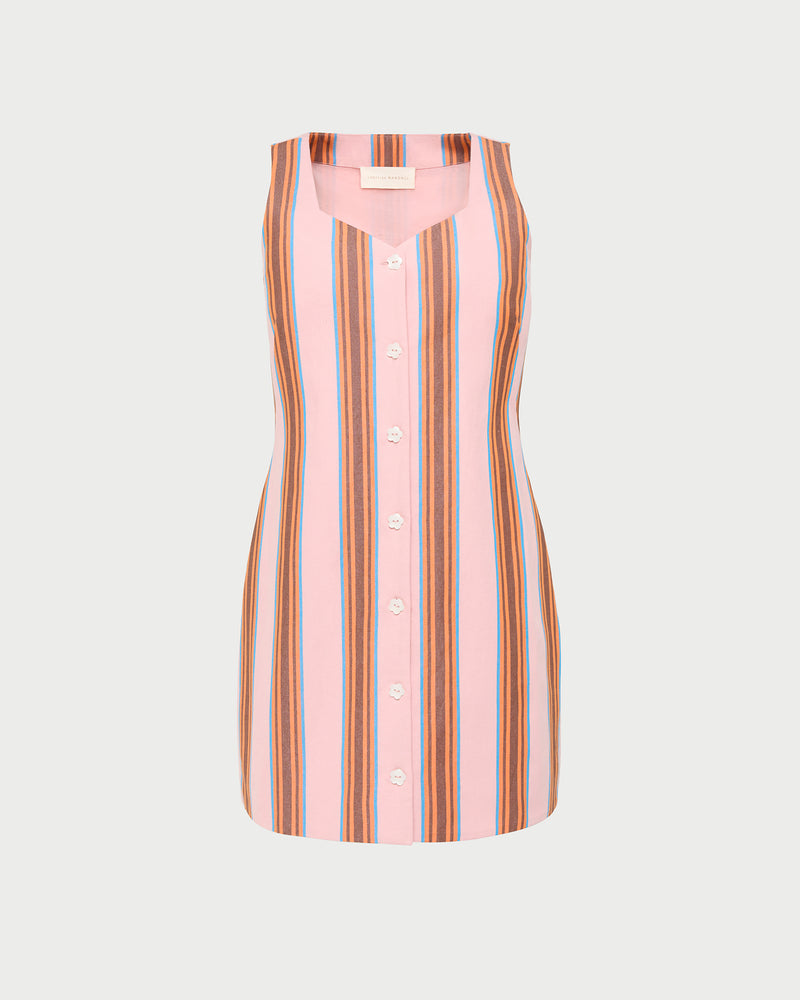 Tova sleeveless mini button-up dress in pink multi striped cotton-linen.