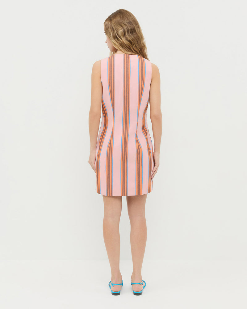Tova sleeveless mini button-up dress in pink multi striped cotton-linen and Devon Blue Moire Slingback Sandal.