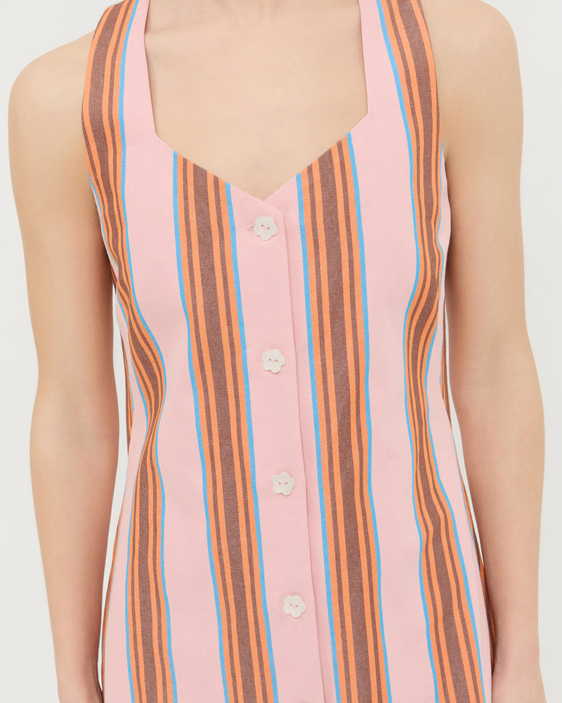 Tova sleeveless mini button-up dress in pink multi striped cotton-linen.