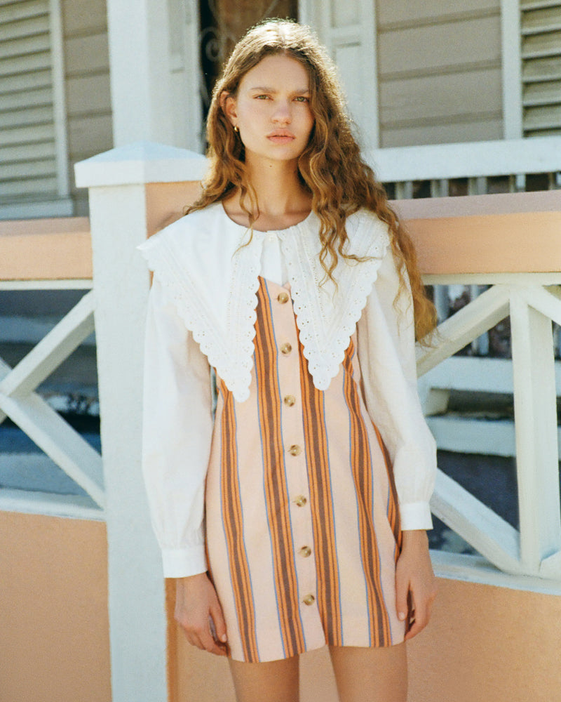 Tova sleeveless mini button-up dress in pink multi striped cotton-linen and Ken Shirt in white cotton.