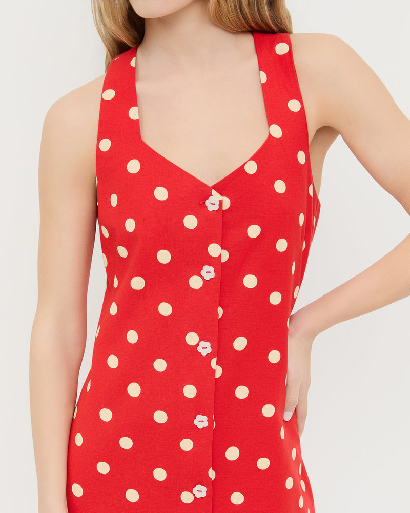 Tova sleeveless mini button-up dress in red cotton-linen with white polka dots