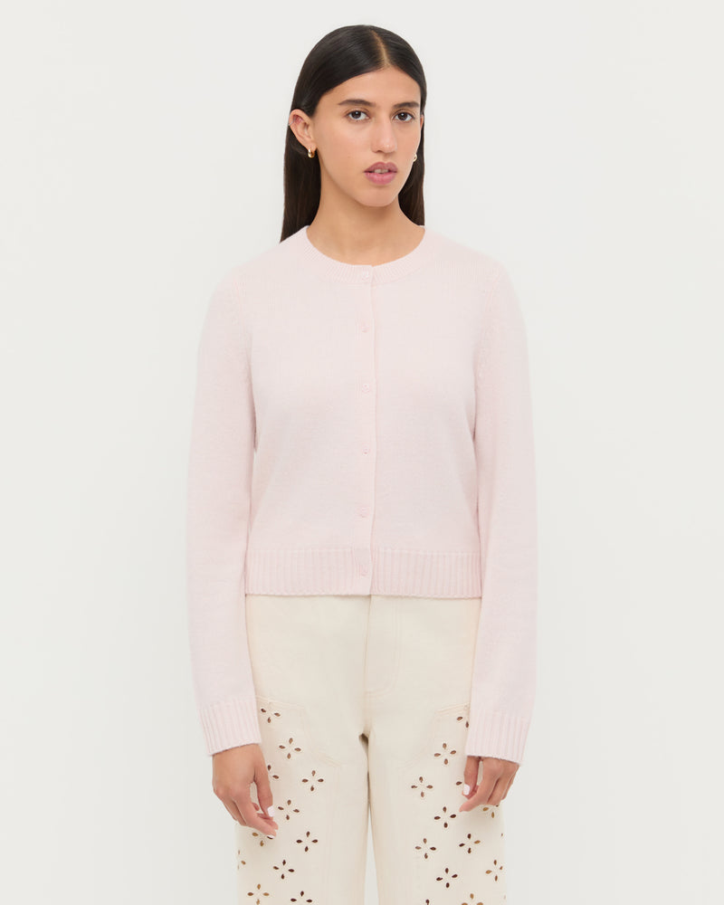 Tucker Cardigan in blush pink cashmere and Demi Embroidered Pant in natural cotton.