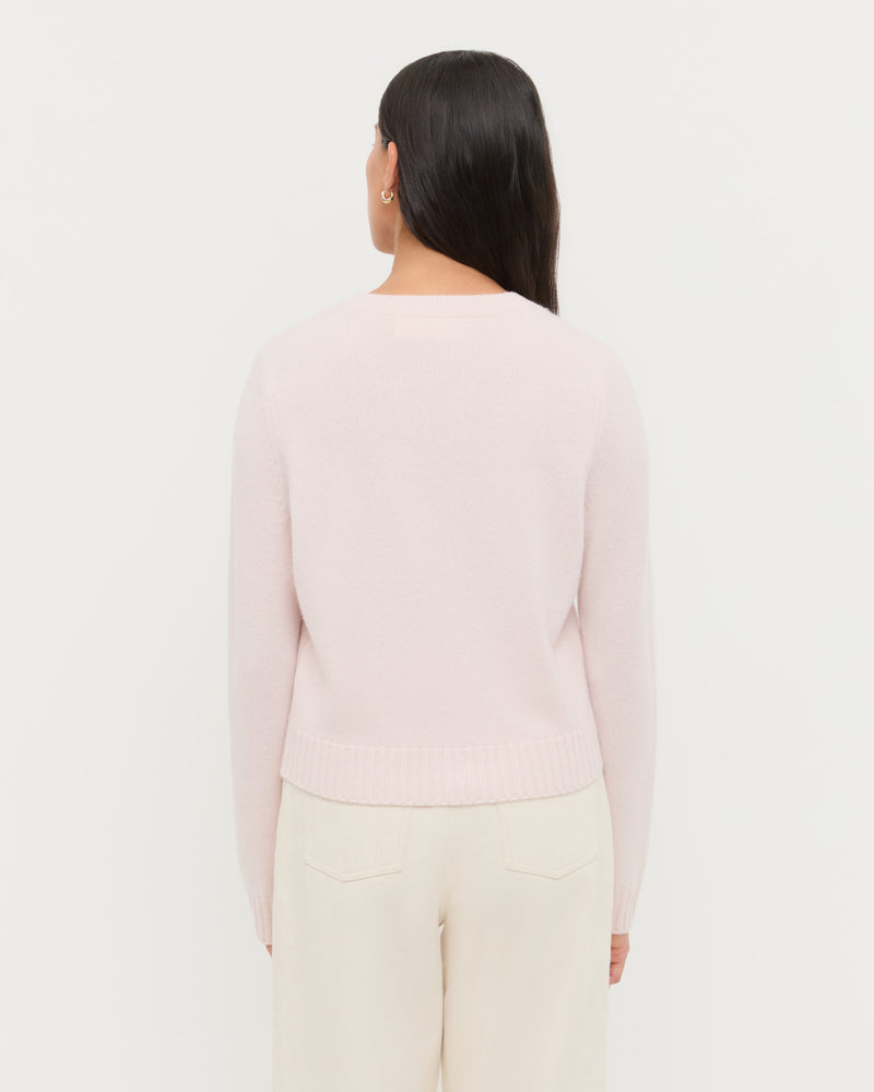 Tucker Cardigan in blush pink cashmere and Demi Embroidered Pant in natural cotton.