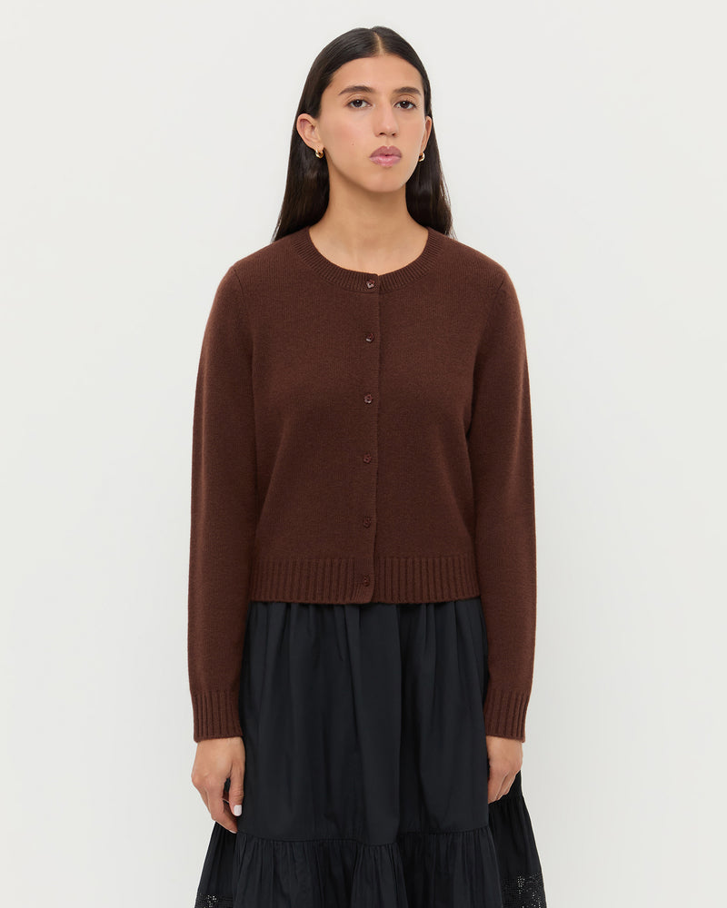 Tucker Cashmere Cardigan in dark brown and Delaney Skirt in black cotton.