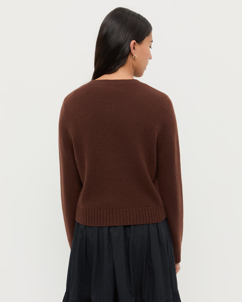 Tucker Cashmere Cardigan in dark brown and Delaney Skirt in black cotton.