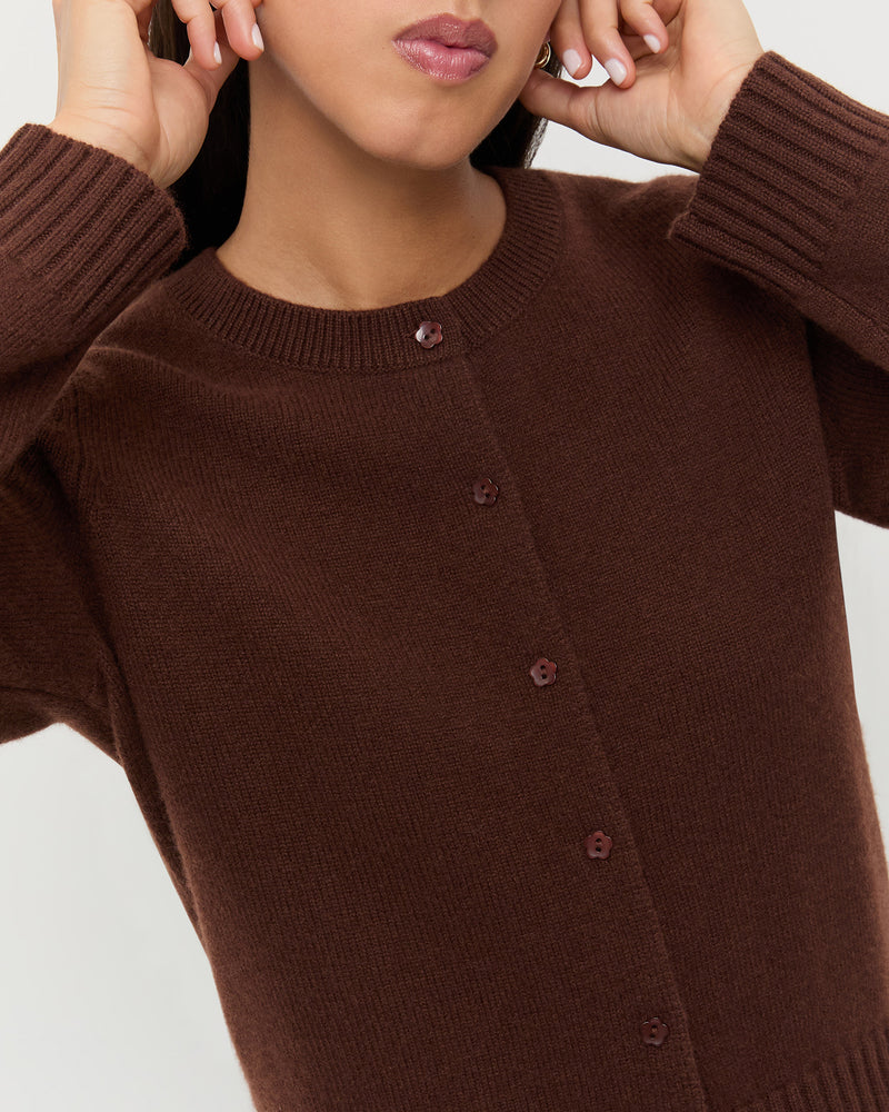 Tucker Cashmere Cardigan in dark brown.