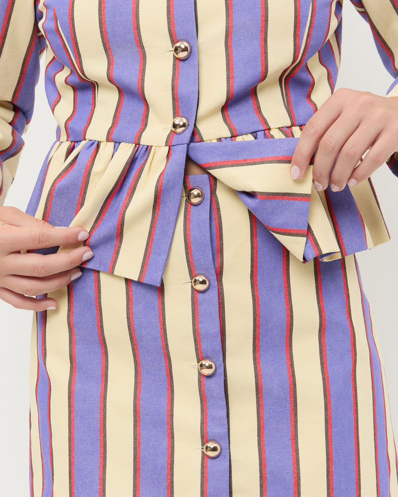 Vita Skirt in jewel and butter striped cotton-linen fabric and Sable Jacket in jewel and butter striped cotton-linen fabric.