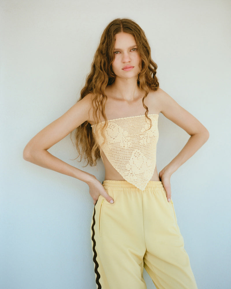 Viv Butter Crochet Scarf in butter yellow crocheted cotton.