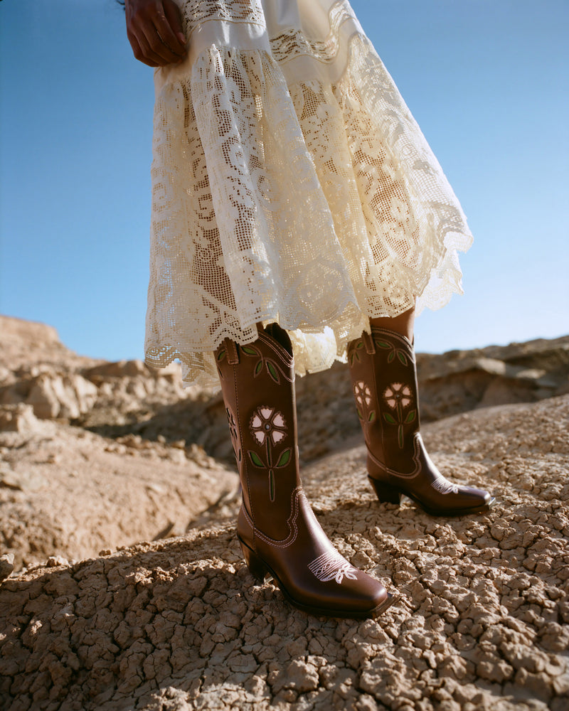 Wilder Brown Leather Tulip Boot and Jo Puff-Sleeve Dress in cream cotton.