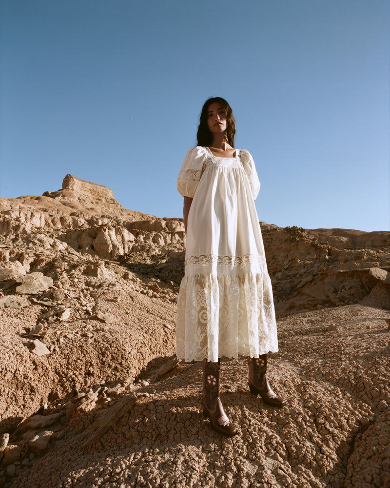 Wilder Brown Leather Tulip Boot and Jo Puff-Sleeve Dress in cream cotton.