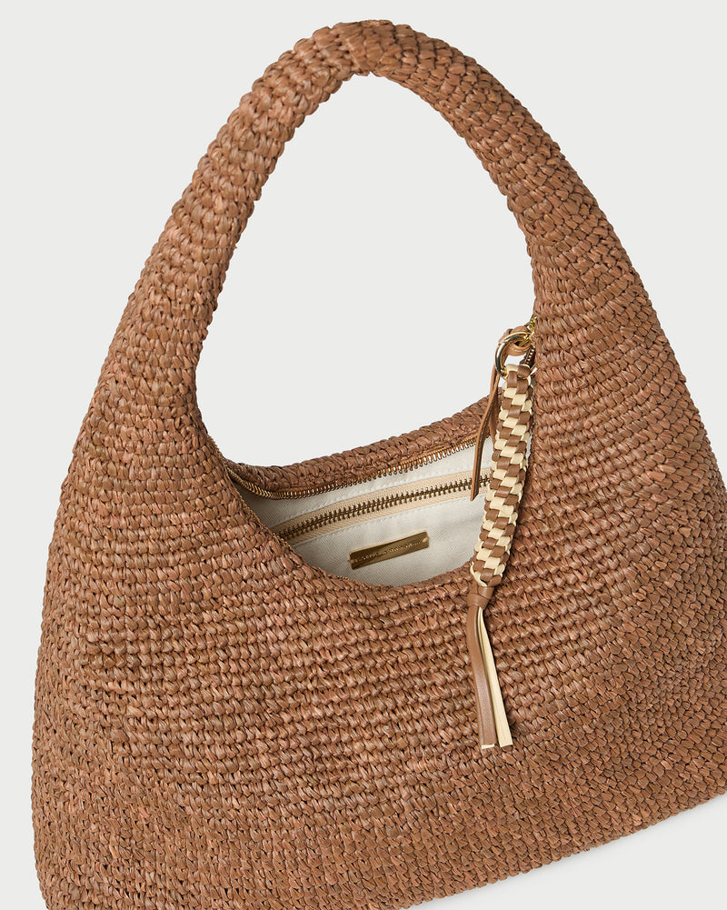 Willow Brown Woven Hobo Bag in brown crochet raffia.