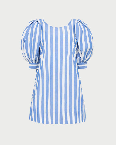 blue and white dress with sleeves Cotton Puff Sleeve Mini - All Dresses Wear it by itself for an day outing or out to dinner in the evening Willy Blue Striped Mini Dress