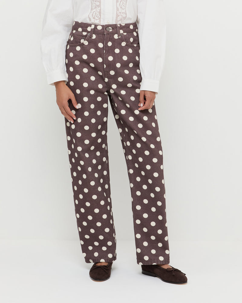 Winona Denim Pant in brown and cream polka dot denim and Noelle Dark Brown Ballet Flat.