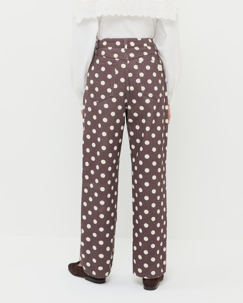 Winona Denim Pant in brown and cream polka dot denim and Noelle Dark Brown Ballet Flat.