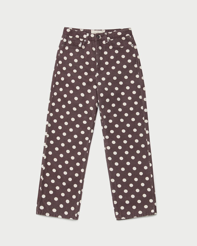 Winona Denim Pant in brown and cream polka dot denim.
