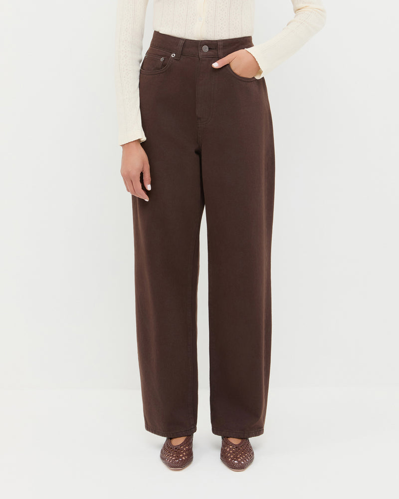 Winona Denim straight leg pant in dark brown, Ash Cardigan in cream cotton, and Emery Chocolate Ballet Flat.