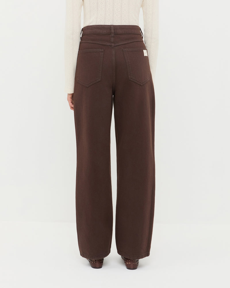 Winona Denim straight leg pant in dark brown, Ash Cardigan in cream cotton, and Emery Chocolate Ballet Flat.
