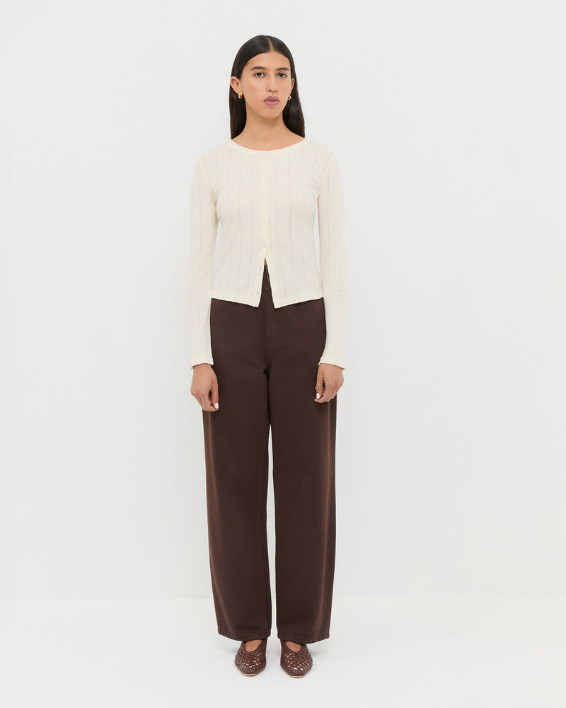 Winona Denim straight leg pant in dark brown, Ash Cardigan in cream cotton, and Emery Chocolate Ballet Flat.