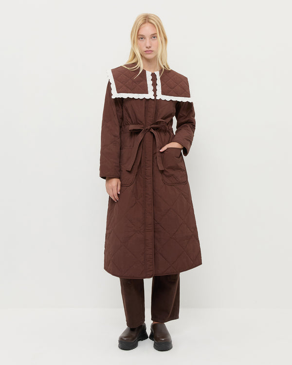 Wyatt Quilted Coat in brown nylon, Molly Workwear Jean in brown denim, and Gemma Brown Leather Lug Mule.