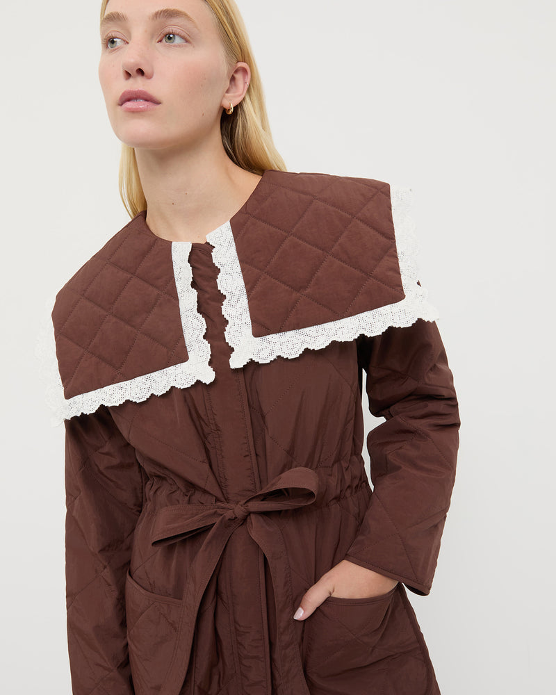 Wyatt Quilted Coat in brown nylon.