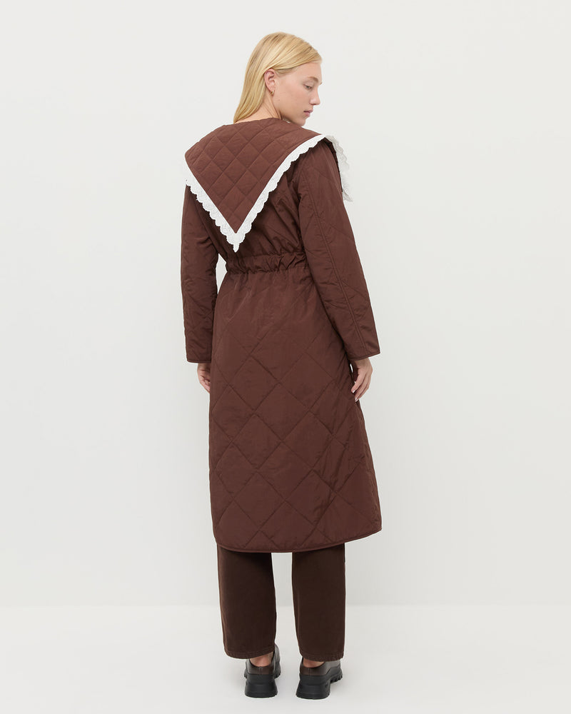 Wyatt Quilted Coat in brown nylon, Molly Workwear Jean in brown denim, and Gemma Brown Leather Lug Mule.