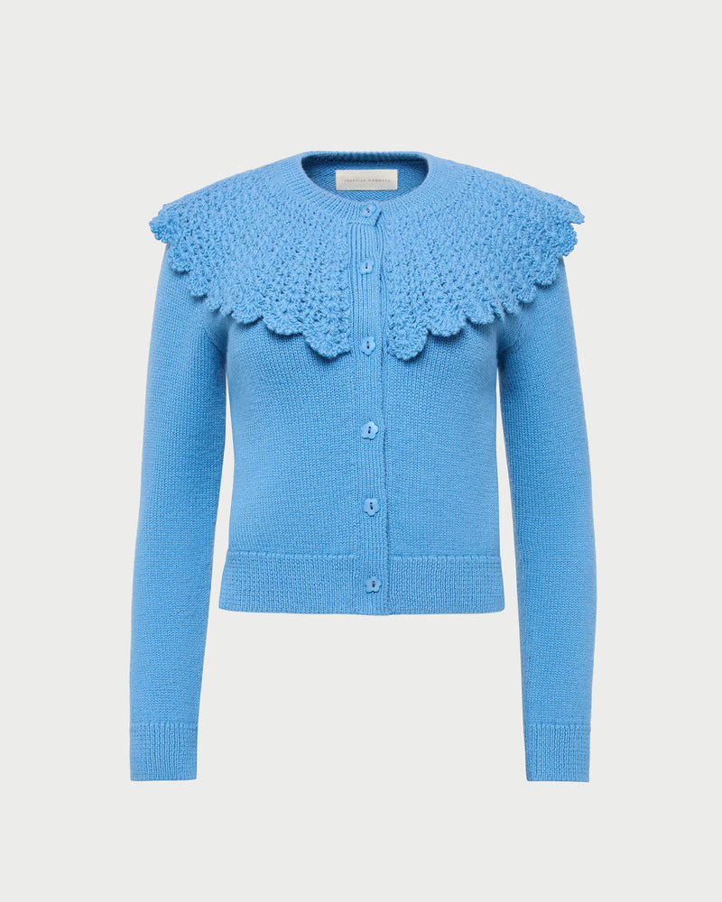 Wynn Cardigan in cornflower blue wool.