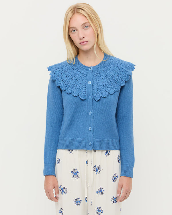 Wynn Cardigan in cornflower blue wool and Esha Pant in cream and blue silk.