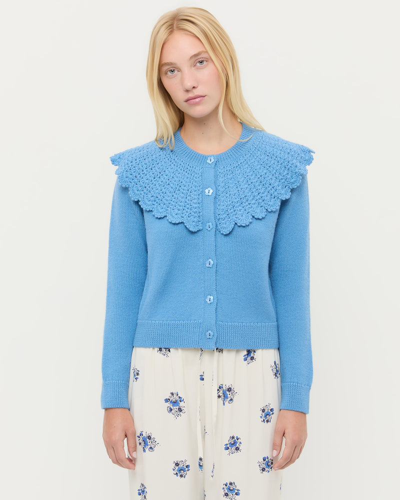 Wynn Cardigan in cornflower blue wool and Esha Pant in cream and blue silk.