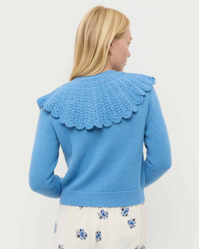 Wynn Cardigan in cornflower blue wool and Esha Pant in cream and blue silk.
