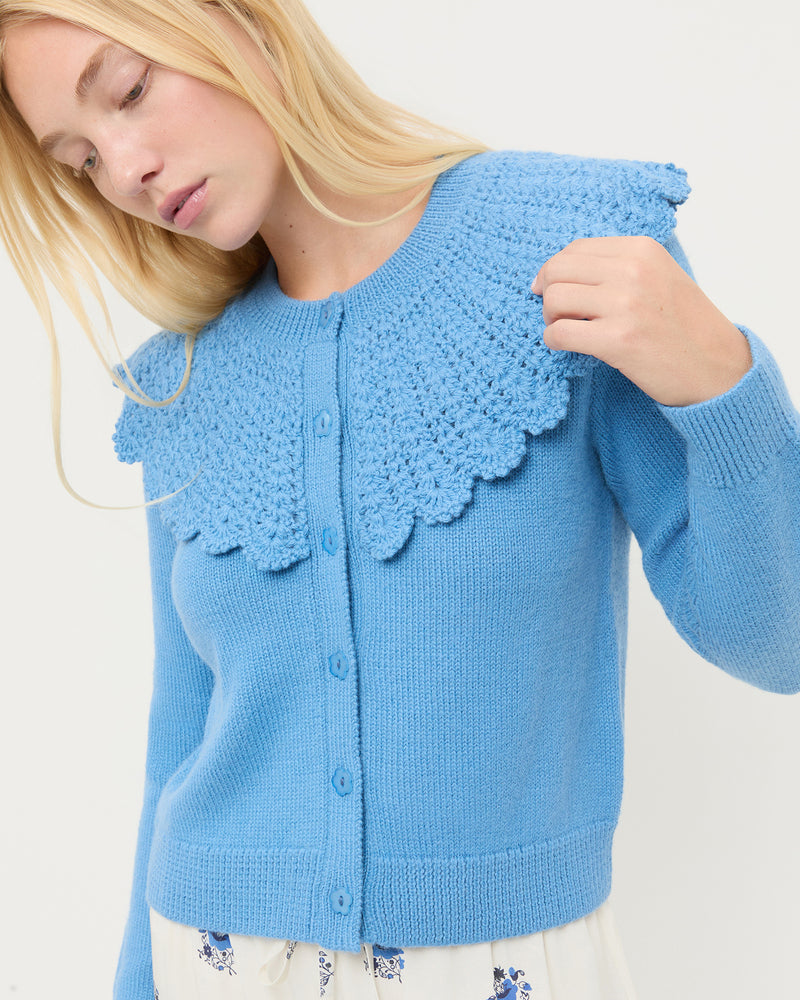 Wynn Cardigan in cornflower blue wool and Esha Pant in cream and blue silk.