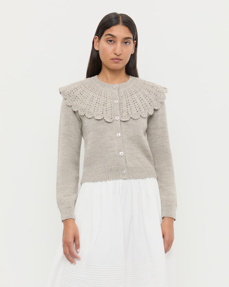 Wynn Cardigan in grey wool, and Tinsley Skirt in white cotton.