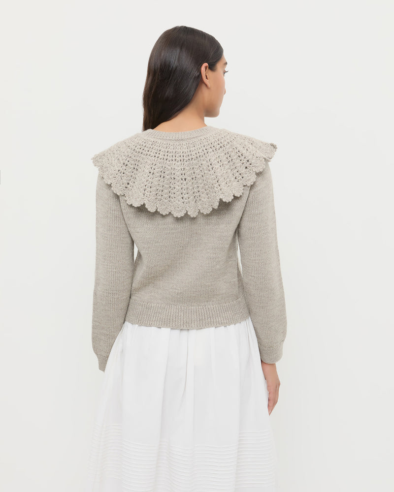 Wynn Cardigan in grey wool, and Tinsley Skirt in white cotton.