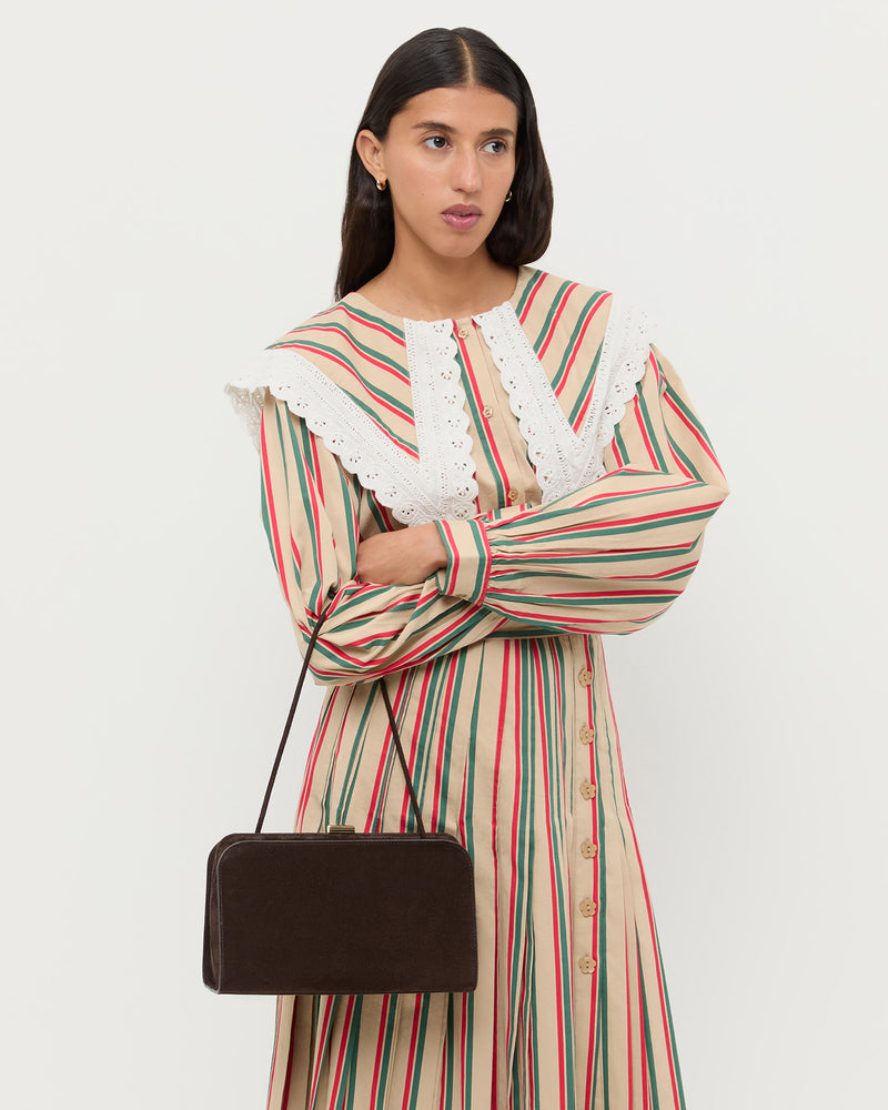 Zella Brown Suede Clutch and Ken Shirt.