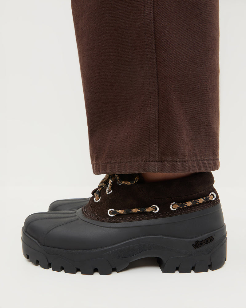 Zola Brown Weather-Ready Lug Shoe in brown suede and Molly Workwear Jean.