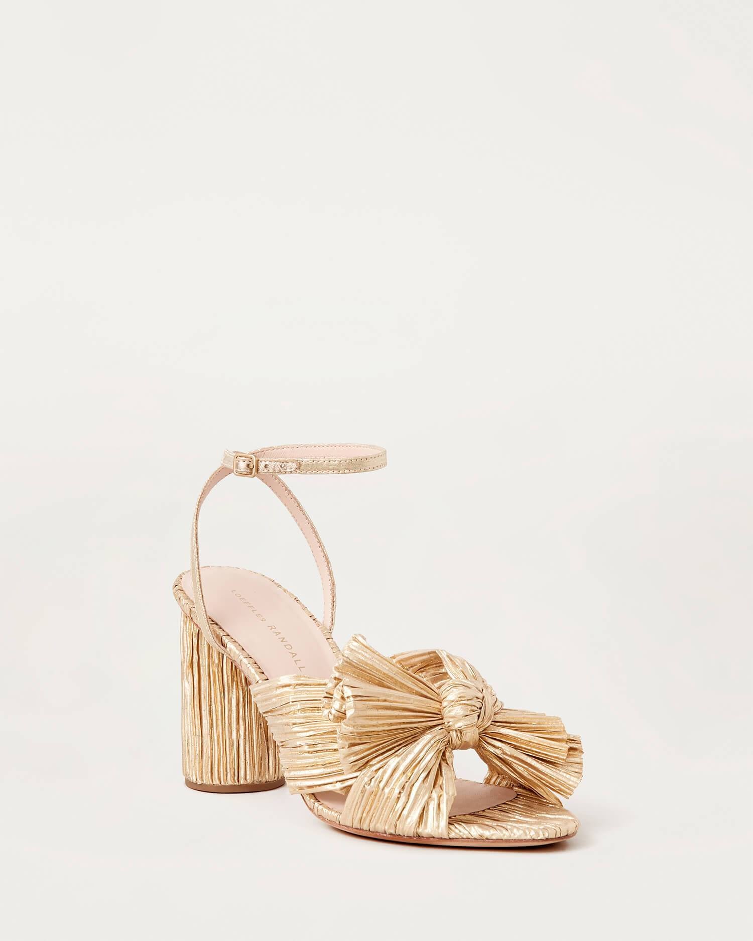Metallic Bow Block Heel Sandals Gold, Occasion Shoes