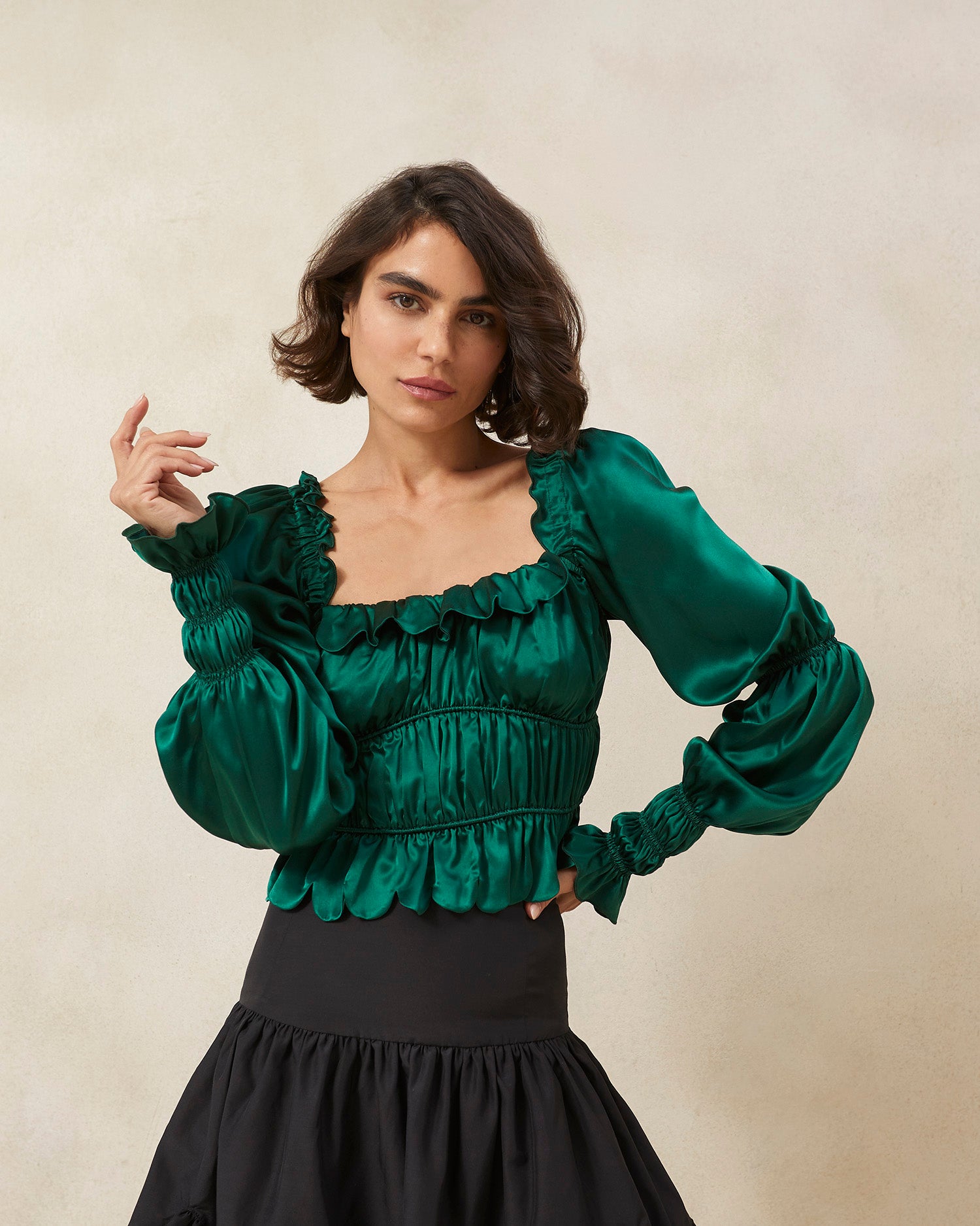 Loeffler Randall | Misha Emerald Wavy Ruffle Top I Tops I Apparel