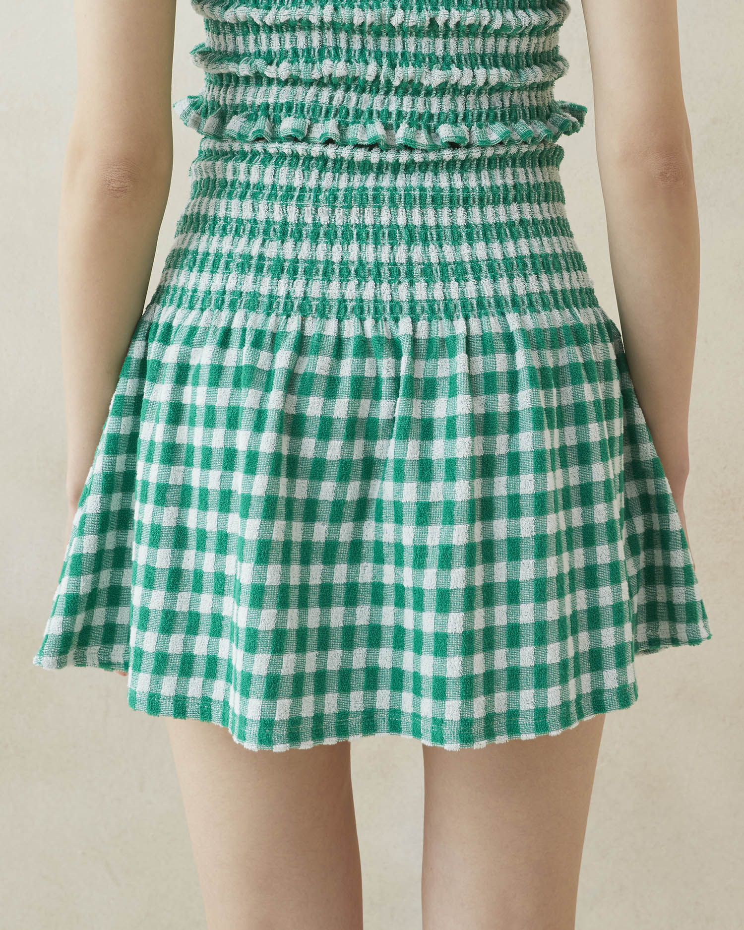 Loeffler Randall | Siena Green Gingham Smocked Skirt I Bottoms I